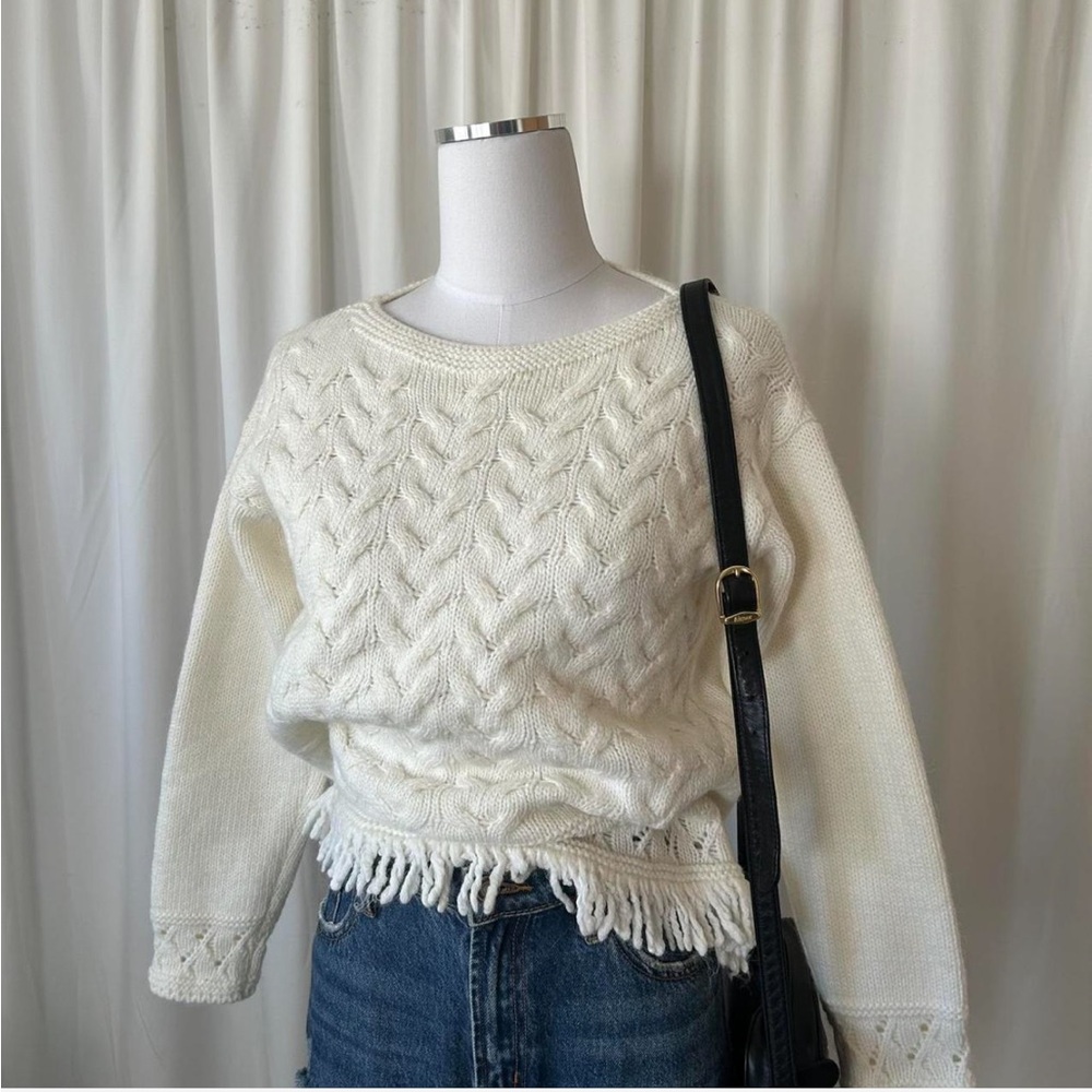 Anthropologie Elsamanda cable-Knit sweater fringe wool blend size small. - Picture 1 of 8